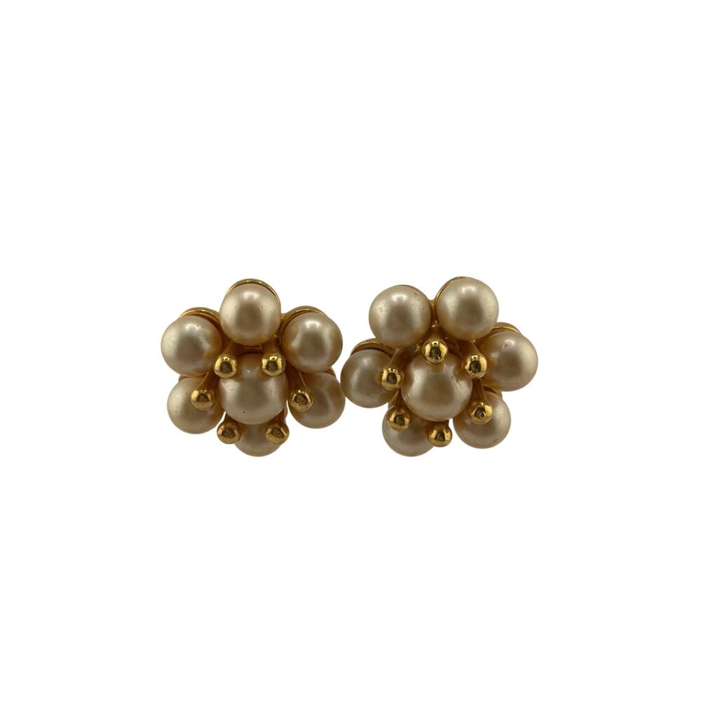 Vintage Carolee Domed Floral Cluster Faux Pearl Clip-On Earrings